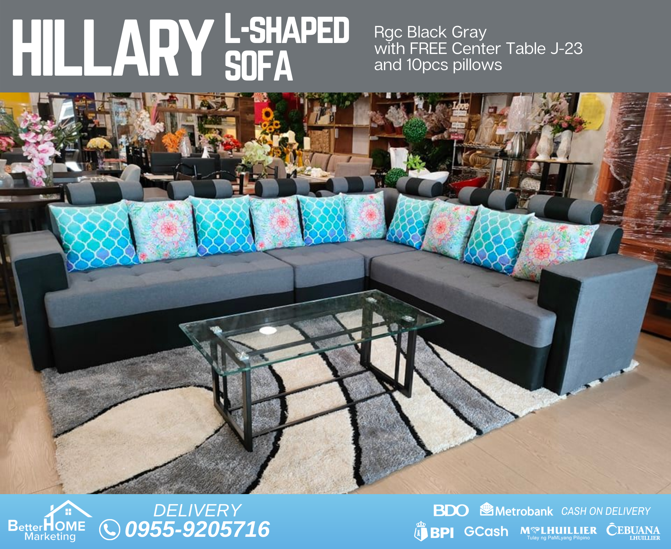 Hillary L-Shaped Sofa RGC Black Gray with FREE Center Table J-23 and 10pcs pillows