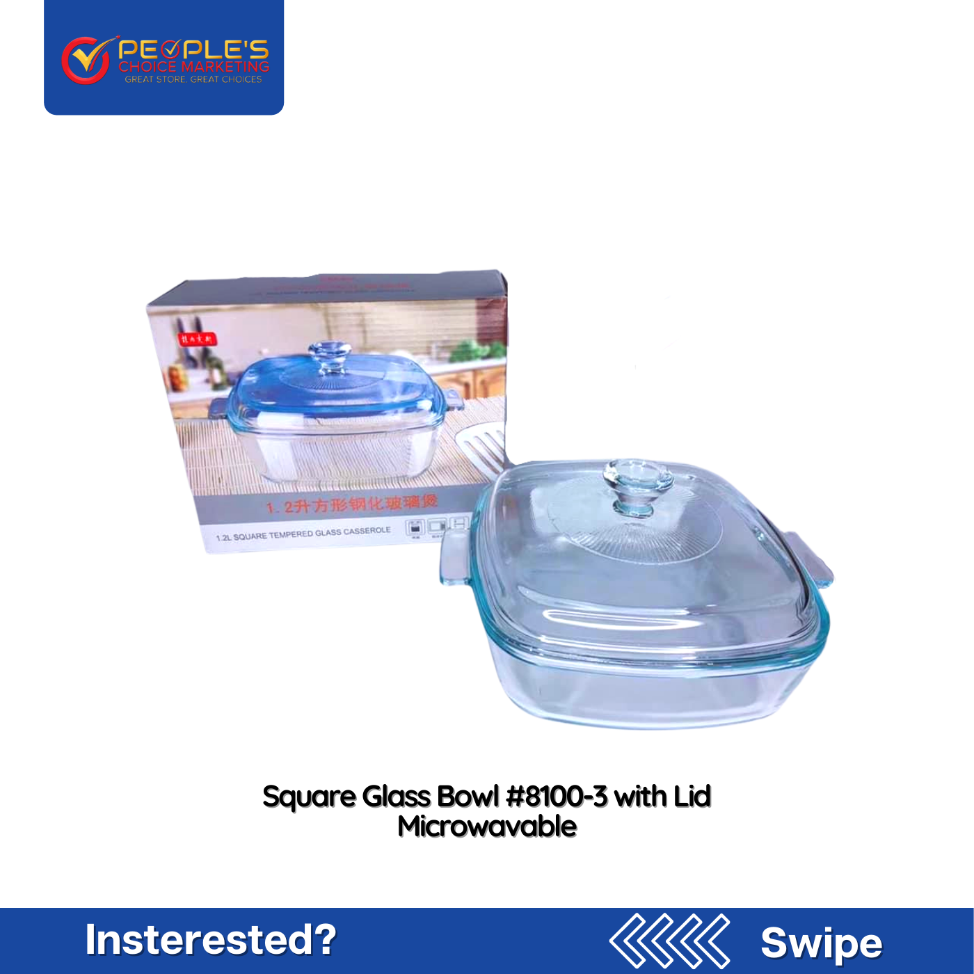 Square Glass Bowl with Lid #8100-3 Microwavable