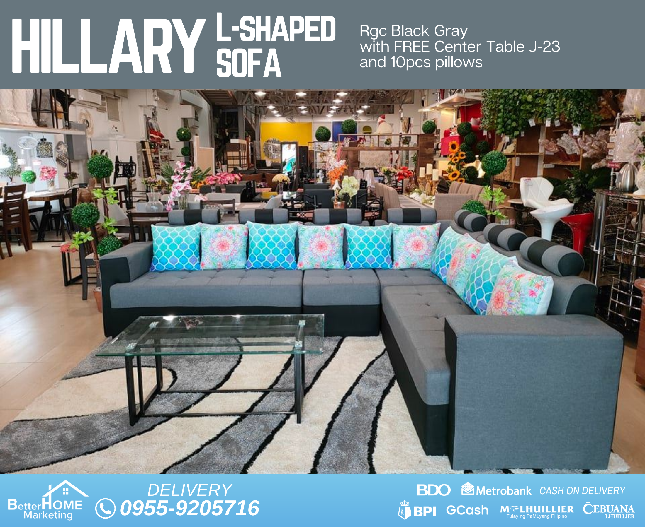 Hillary L-Shaped Sofa RGC Black Gray with FREE Center Table J-23 and 10pcs pillows